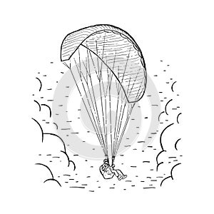 Vector Paraglider. Sketch illustration with hand drawn skydiver flying with a paraglider.